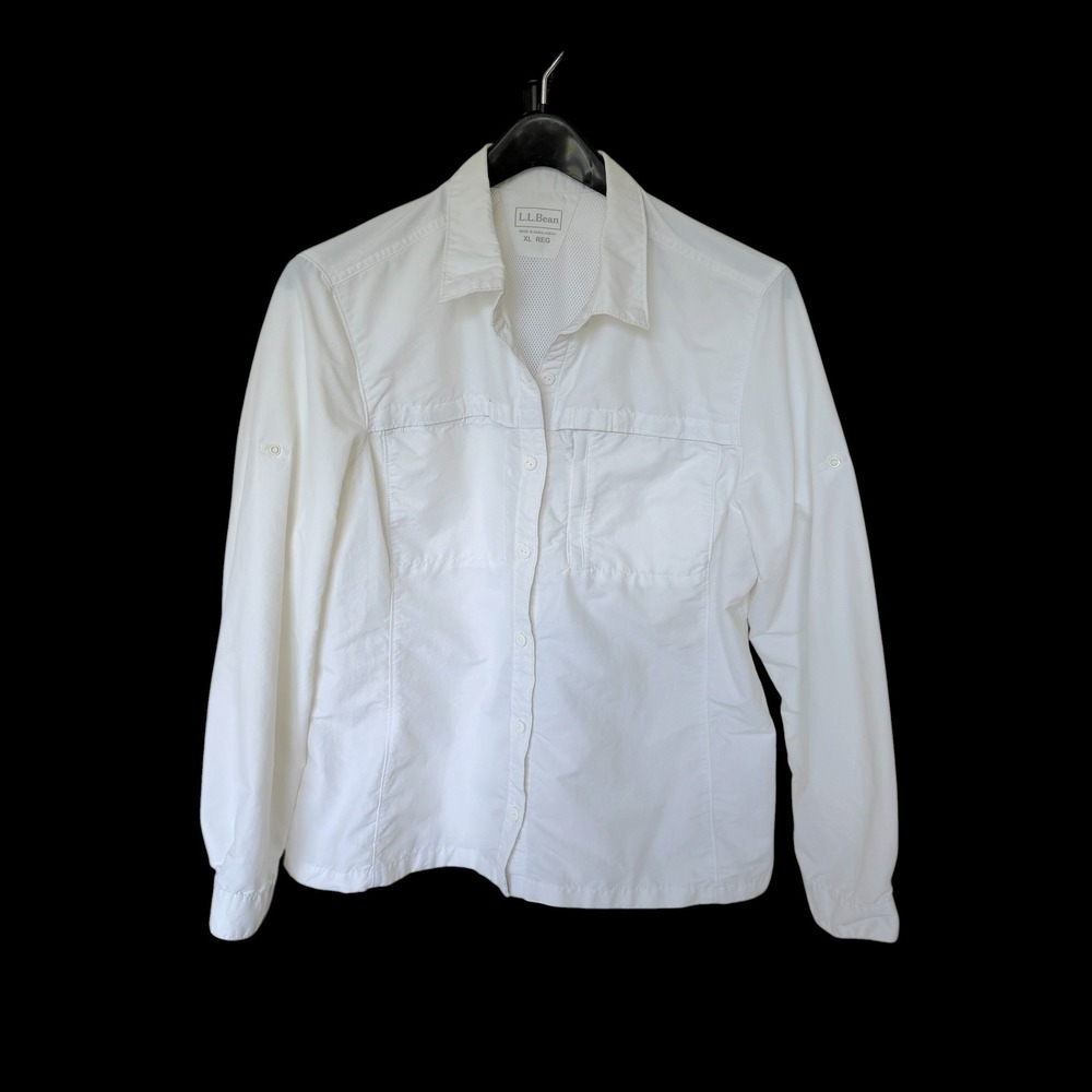 LL Bean Womens XL White Long Sleeve Roll Tab Fishing Hiking Shirt 293298